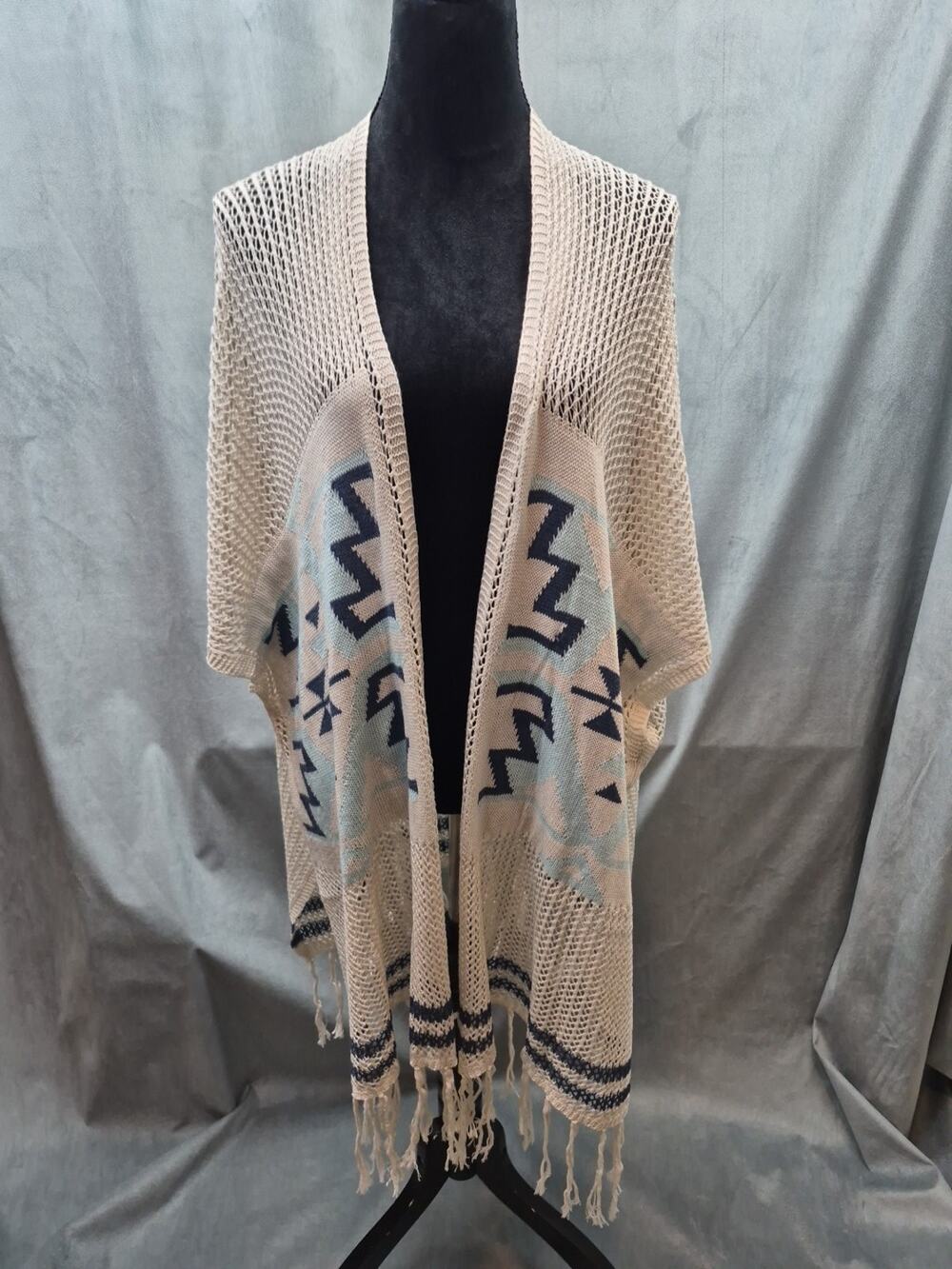 Anthropologie Areve Aztec Boho Fringe Retro Cowgirl Open Knit Cardigan NEW S/M
